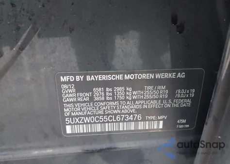 2012 BMW X5 xDrive35D z USA, uszkodzony, nr VIN 5UXZW0C55CL673476